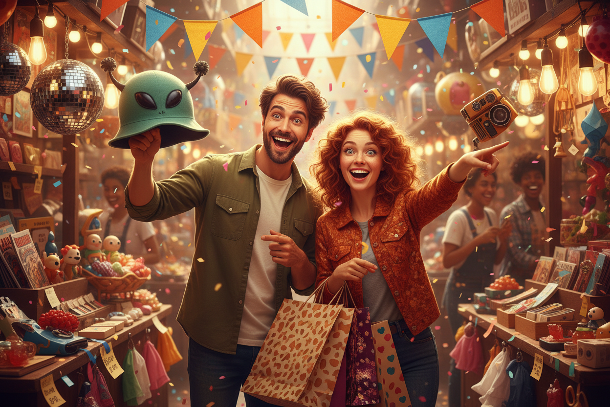 A man and a woman shopping for fun and exciting things looking very happy.